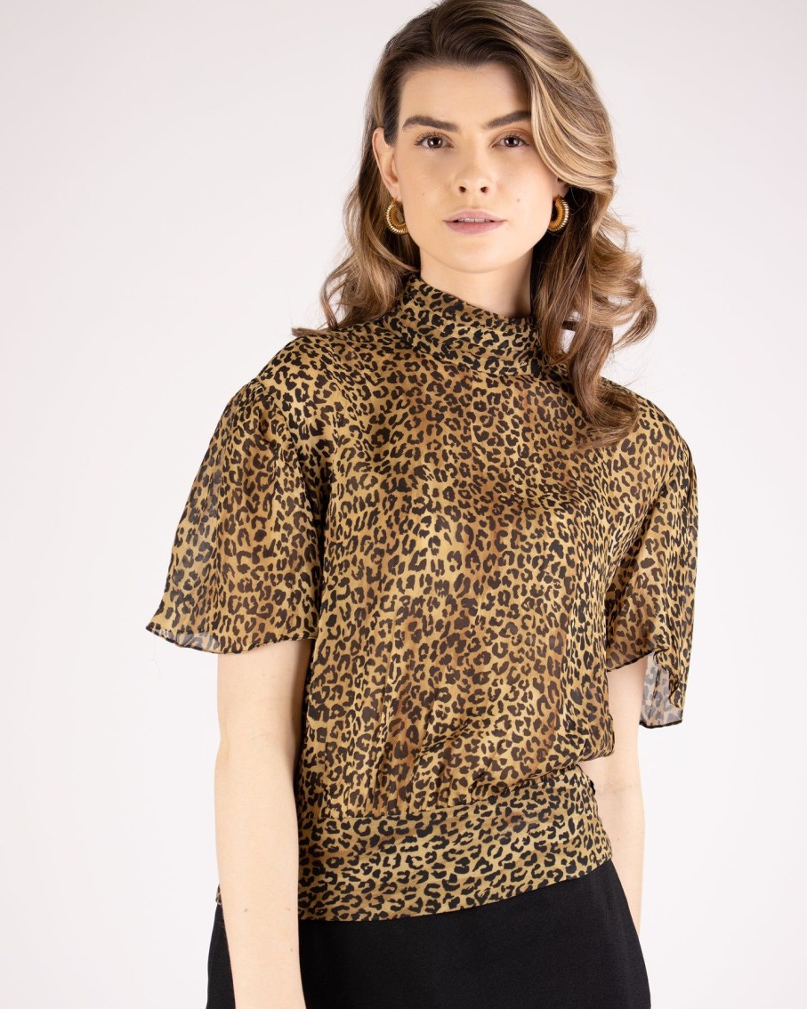 Women Animale Tops & T-Shirts | Leopard High Neck Sheer Georgette Blouse