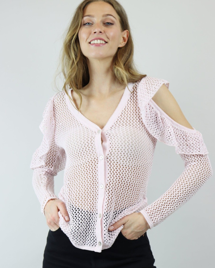 Women Cecilia Prado Jumpers & Cardigans | Baby Pink Fishnet Cold Shoulder Cardigan