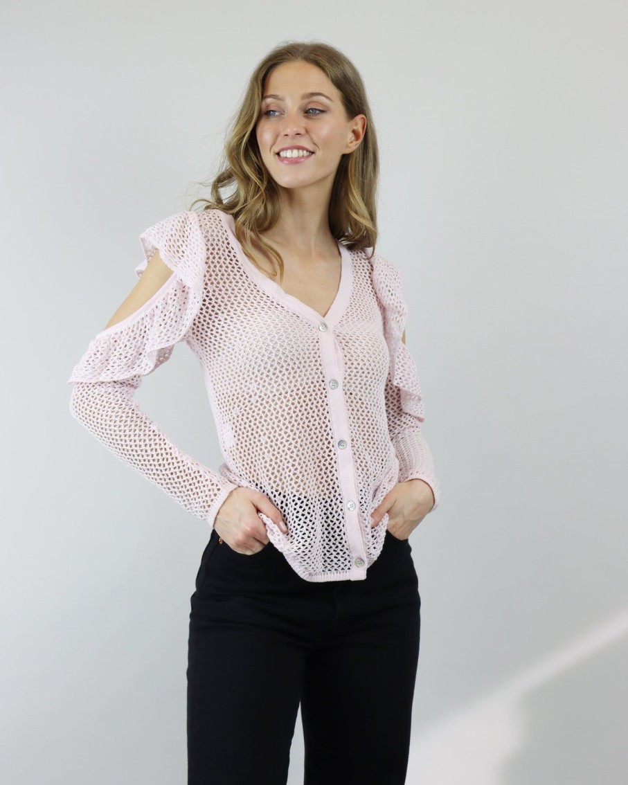 Women Cecilia Prado Jumpers & Cardigans | Baby Pink Fishnet Cold Shoulder Cardigan