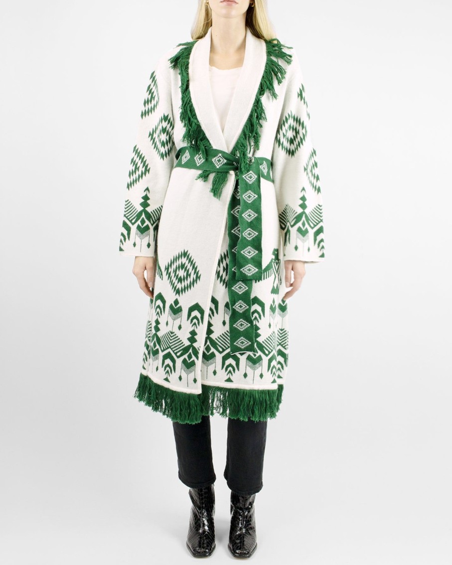 Women Arara for BLAIZ Jumpers & Cardigans | Fringed Aztec Long Green Jacquard Duster