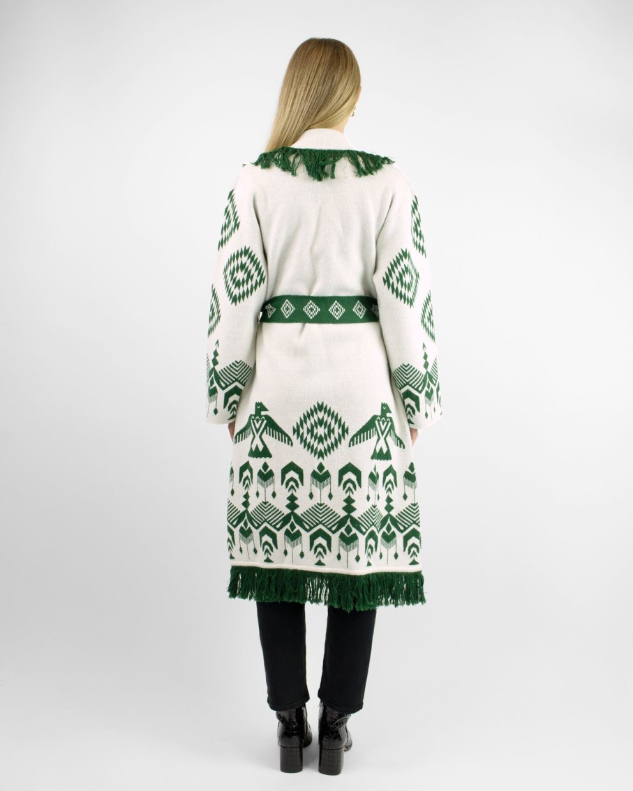 Women Arara for BLAIZ Jumpers & Cardigans | Fringed Aztec Long Green Jacquard Duster