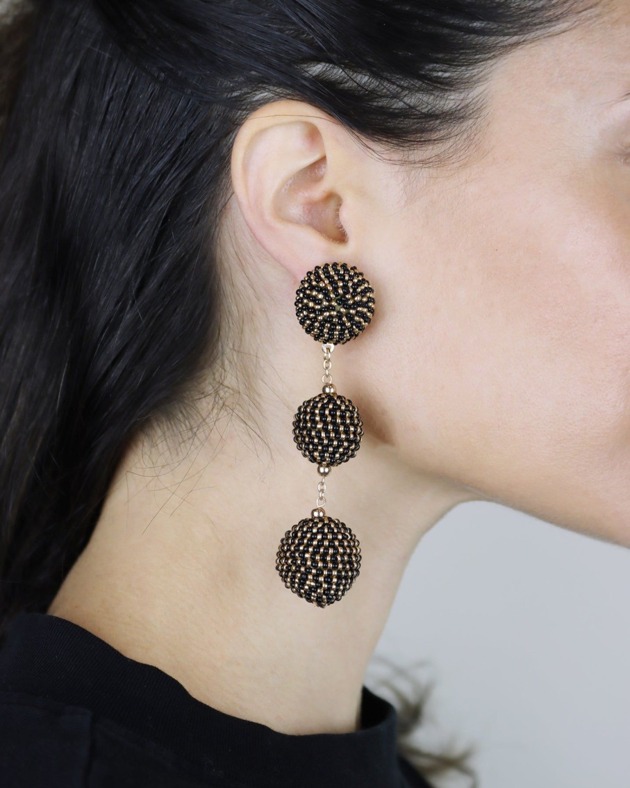 Women BLAIZ Earrings | Black & Gold Triple Bobble Earrings