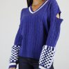 Women Izaak Azanei Jumpers & Cardigans | Blue Oversized V-Neck Sweater