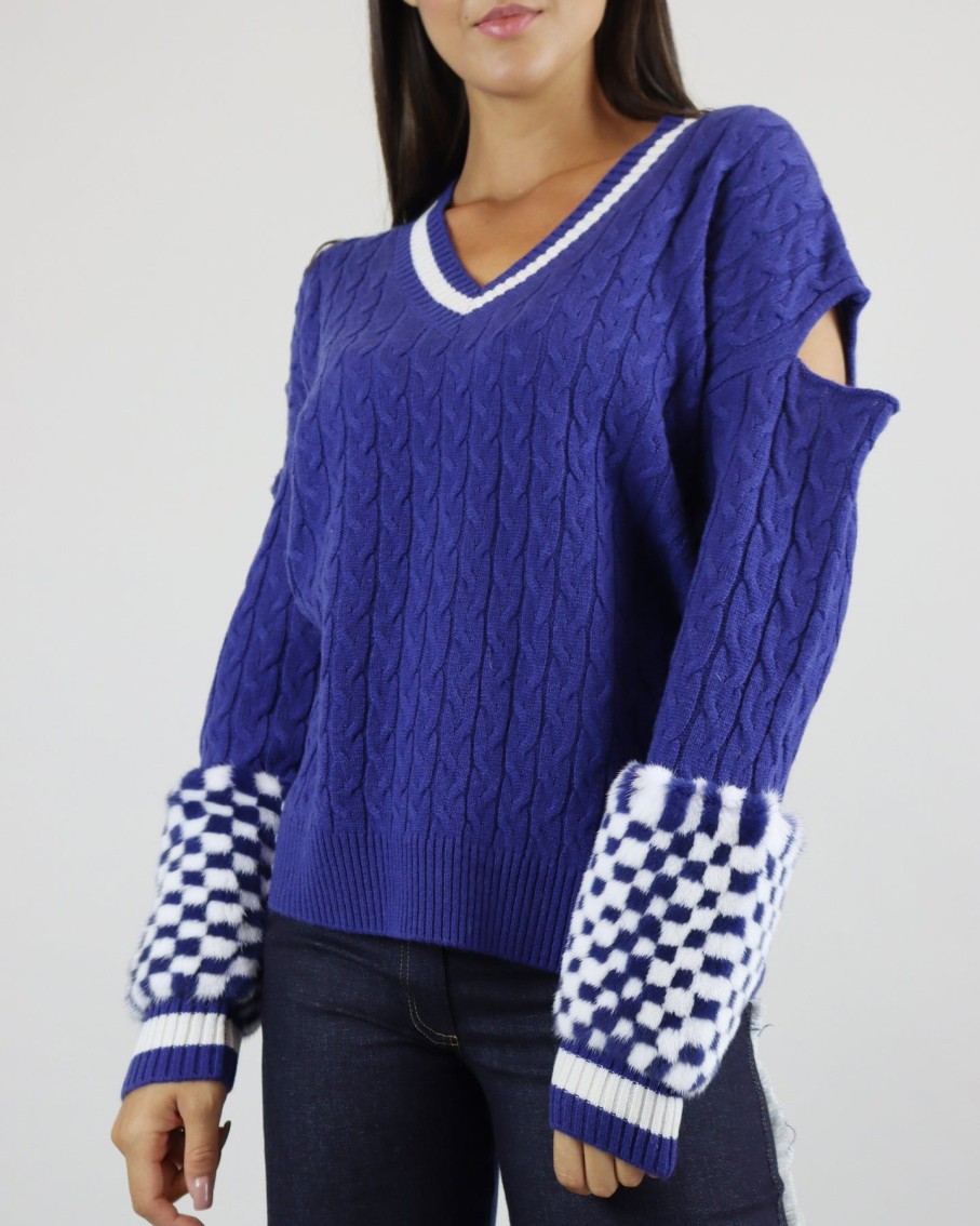 Women Izaak Azanei Jumpers & Cardigans | Blue Oversized V-Neck Sweater