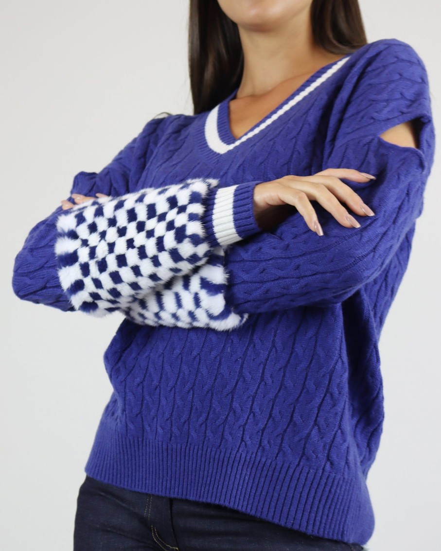 Women Izaak Azanei Jumpers & Cardigans | Blue Oversized V-Neck Sweater