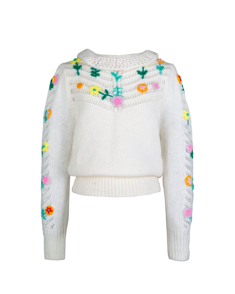 Women CeliaB Jumpers & Cardigans | Bianca White Embroidered Sweater