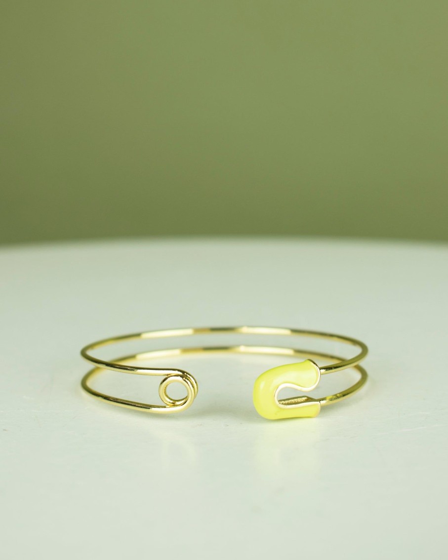 Women 227 Bracelets | Neon Yellow Safety Pin Gold Cuff