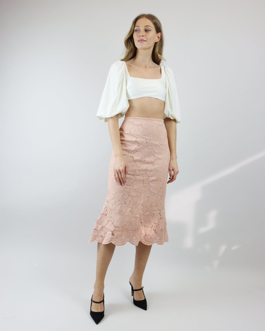 Women Miss Mano Skirts | Peach Pink Lace Midi Skirt