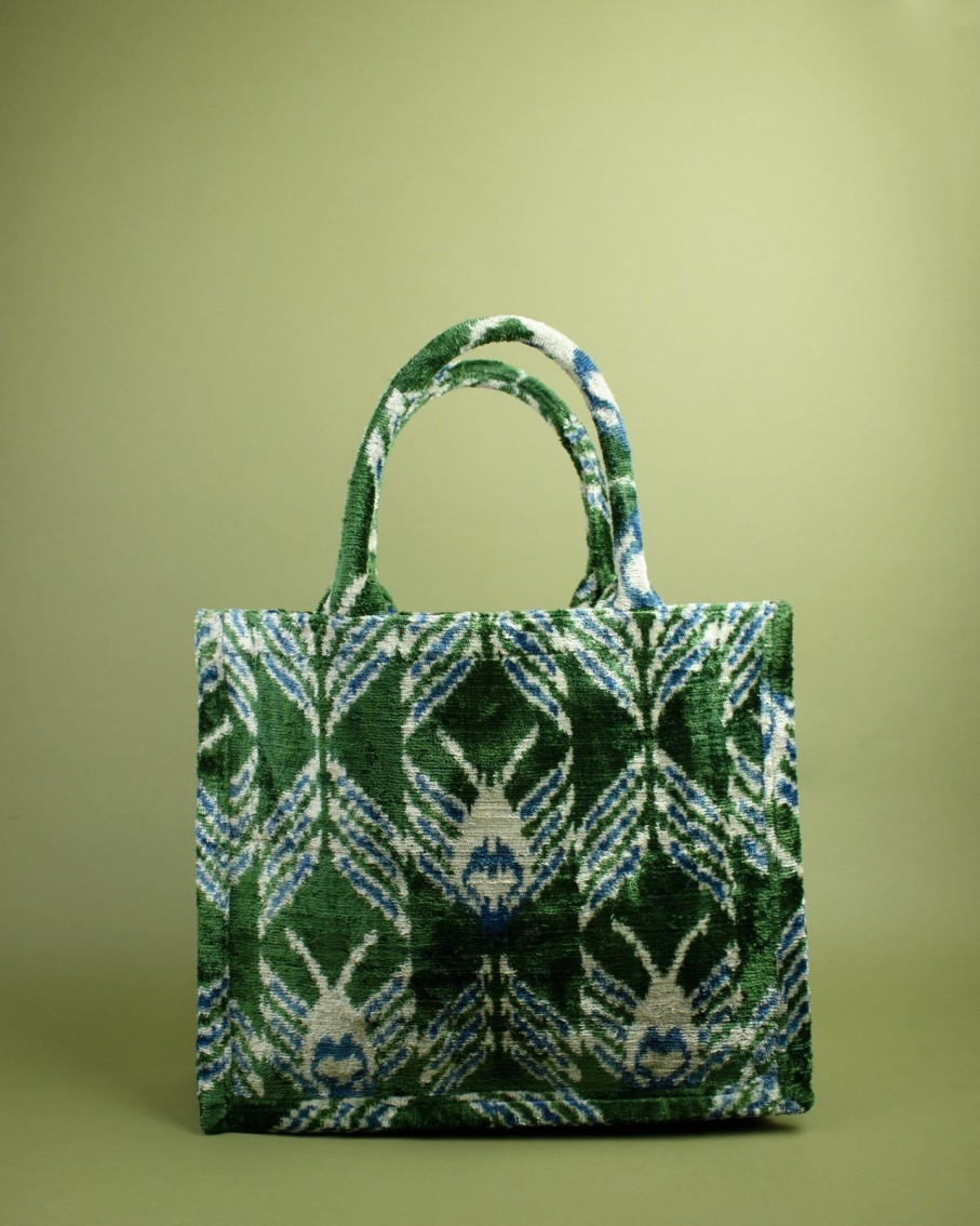 Women AYCA DESIGN Totes | Green Forest Print Silk Velvet Ikat Large Tote Bag