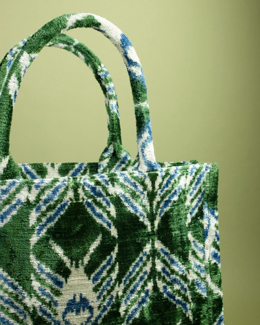 Women AYCA DESIGN Totes | Green Forest Print Silk Velvet Ikat Large Tote Bag