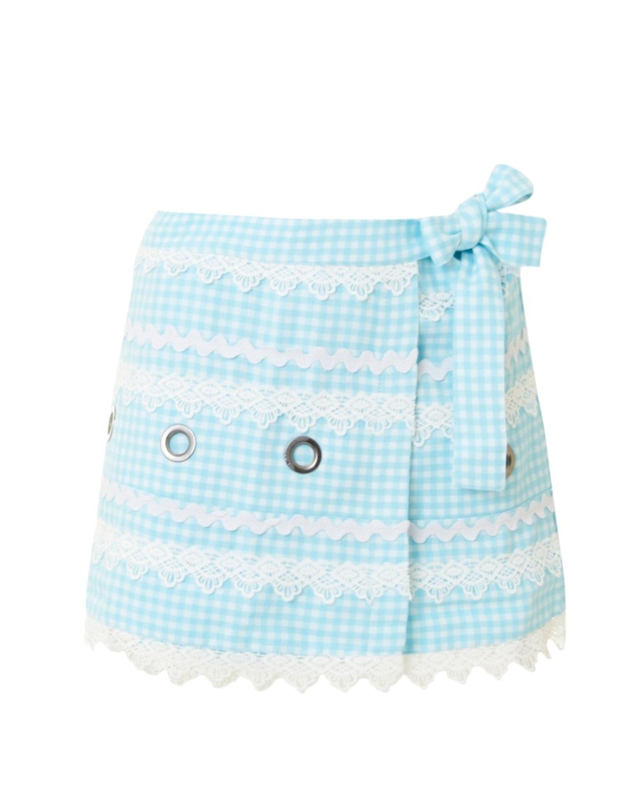 Women Batiche Skirts | Sky Blue Gingham Wrap Mini Skirt