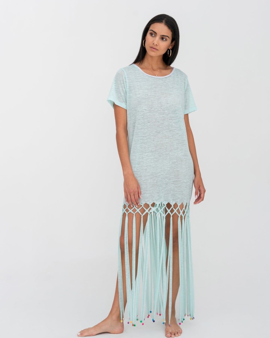 Women Pitusa Dresses | Aqua Beaded Fringe T-Shirt Dress