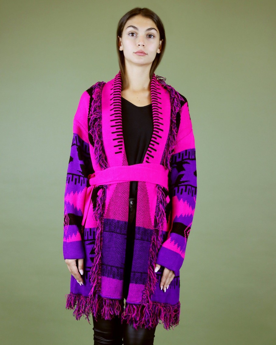 Women Blaiz Jumpers & Cardigans | Fuchsia Dizzy Aztec Duster Cardigan