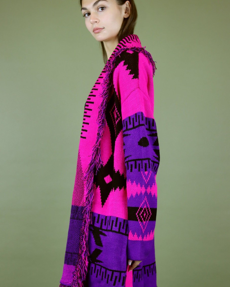 Women Blaiz Jumpers & Cardigans | Fuchsia Dizzy Aztec Duster Cardigan