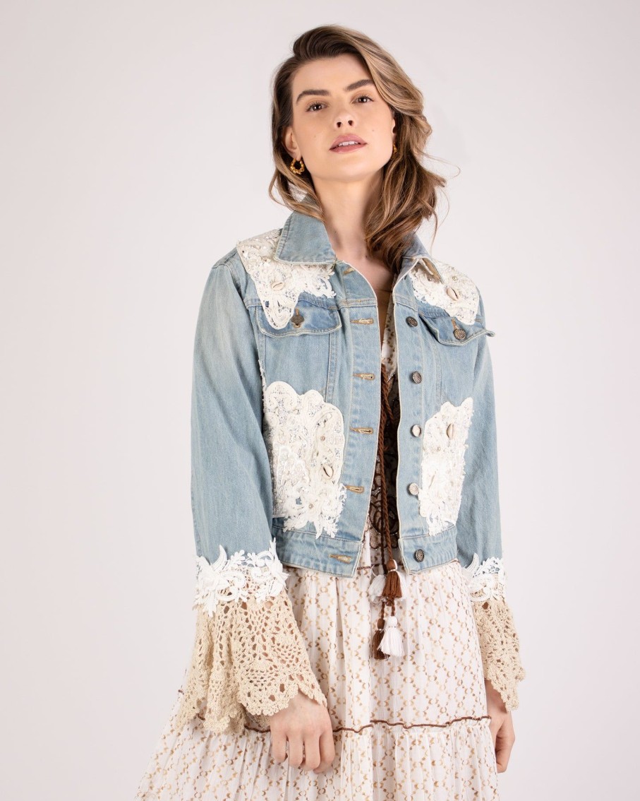 Women BLAIZ Coats & Jackets | Denim Ivory Lace Cropped Jacket