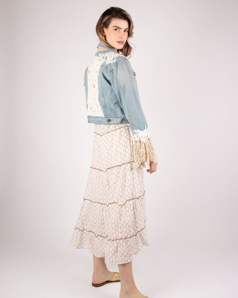 Women BLAIZ Coats & Jackets | Denim Ivory Lace Cropped Jacket