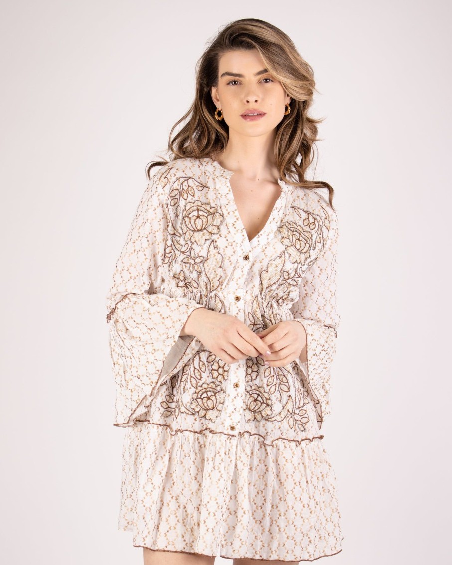 Women BLAIZ Dresses | Ivory Embroidered Tiered Mini Dress