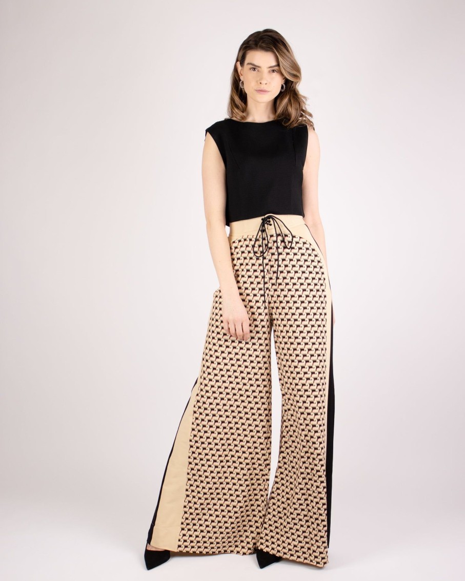 Women Animale Trousers | Camel Stripe Horse Print High Waisted Wide Trousers