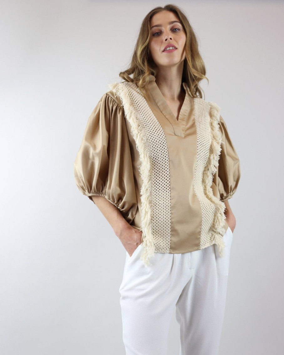 Women Skazi Sets | Beige Puff Sleeve Shirt