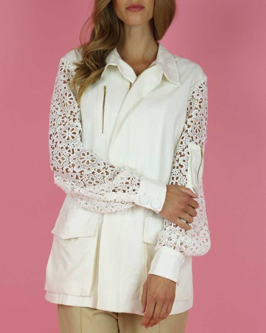 Women Skazi Coats & Jackets | White Lace Sleeve Jacket