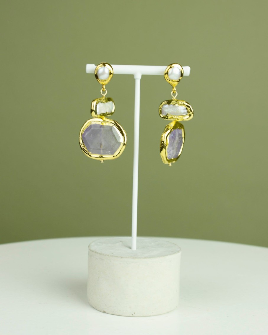 Women 227 Earrings | Gold Gem Abstract Triple Drop Earrings