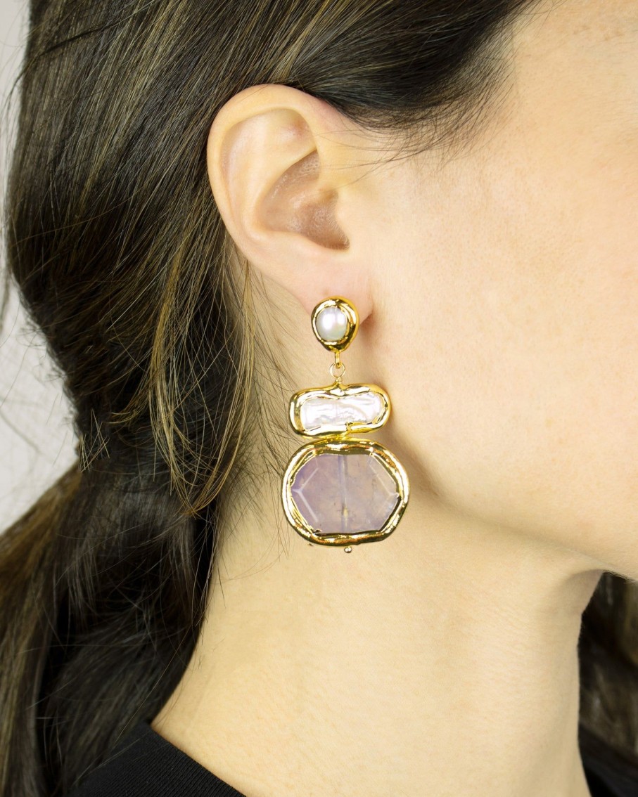 Women 227 Earrings | Gold Gem Abstract Triple Drop Earrings