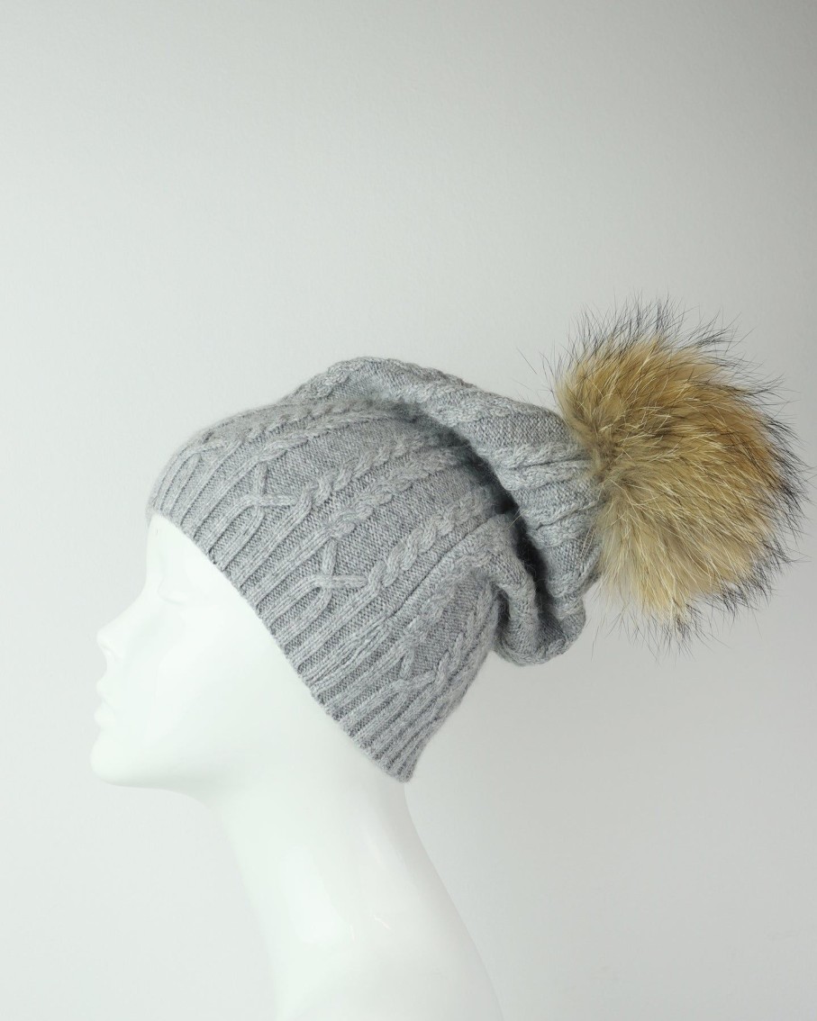 Women 227 Hats, Gloves & Scarves | Grey Plaited Knit Pom Pom Hat