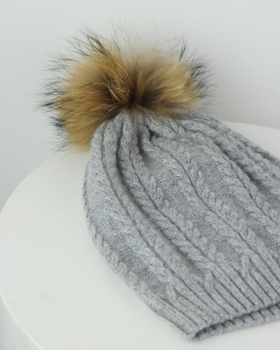 Women 227 Hats, Gloves & Scarves | Grey Plaited Knit Pom Pom Hat