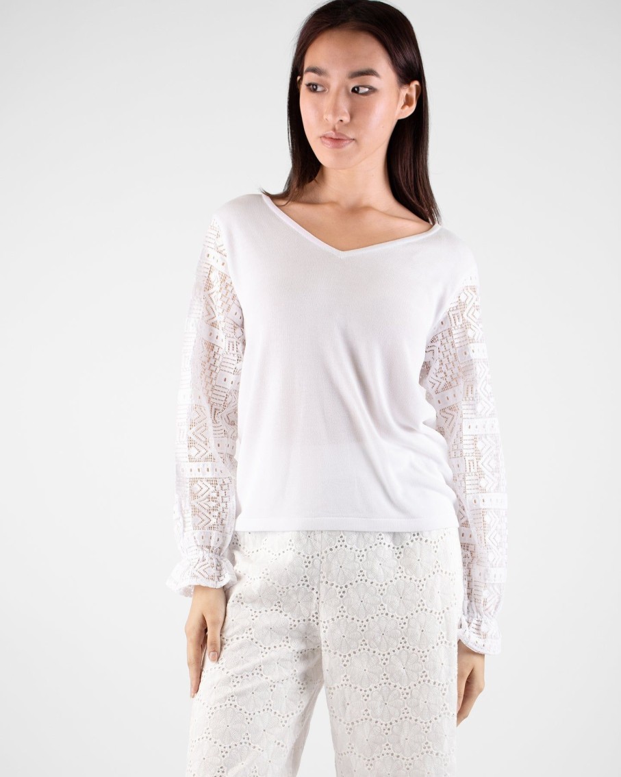 Women Marina V Jumpers & Cardigans | White Long Sleeve V-Neck Sweater With Lace Sleeves