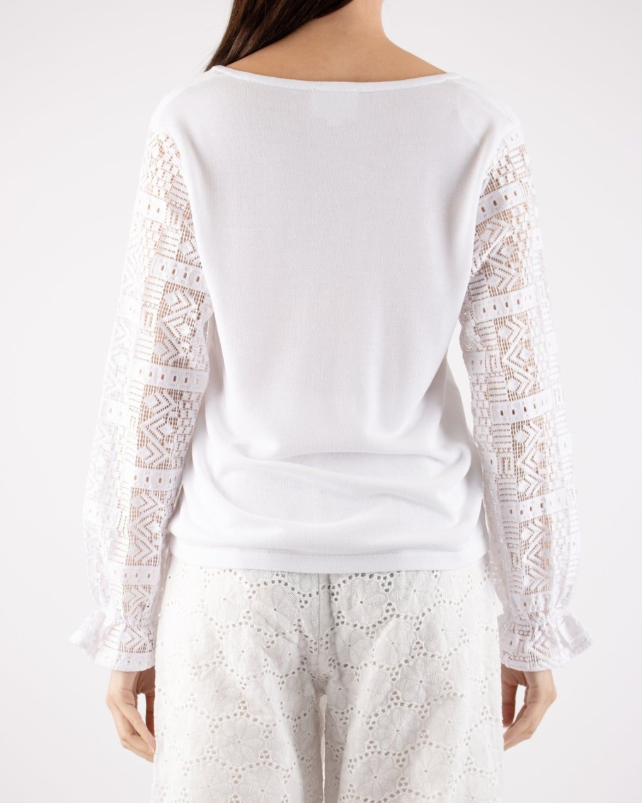 Women Marina V Jumpers & Cardigans | White Long Sleeve V-Neck Sweater With Lace Sleeves