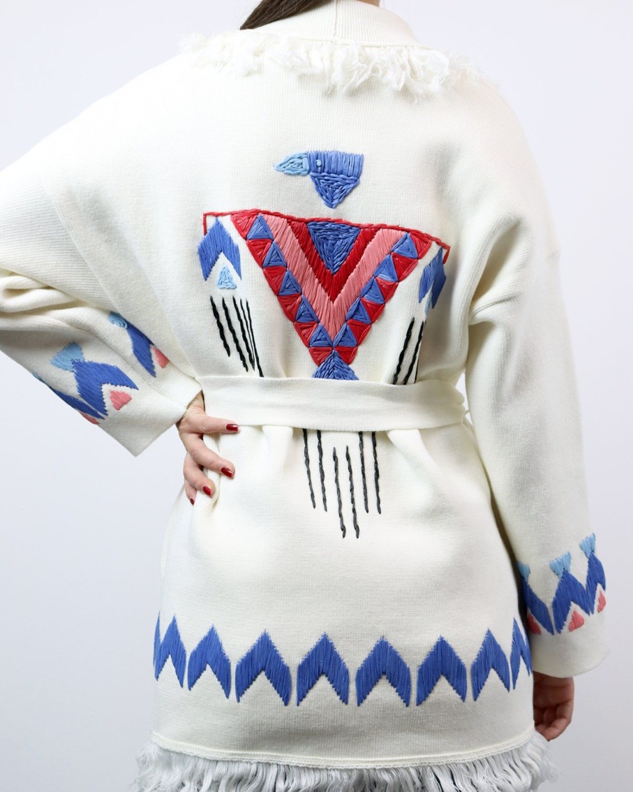 Women Mitawa Jumpers & Cardigans | White Embroidered Comanche Cardigan