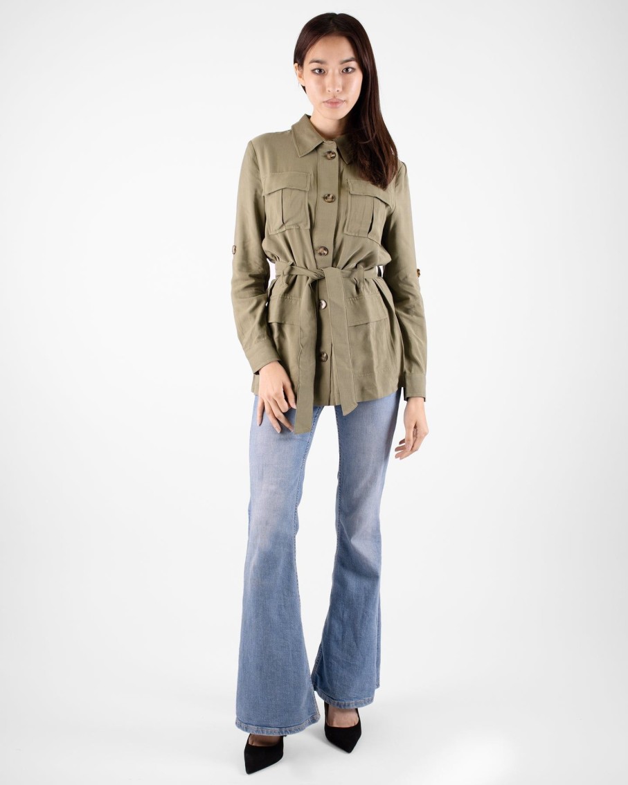 Women Marina V Coats & Jackets | Olive Safari Jacket With Front Pockets And Belt