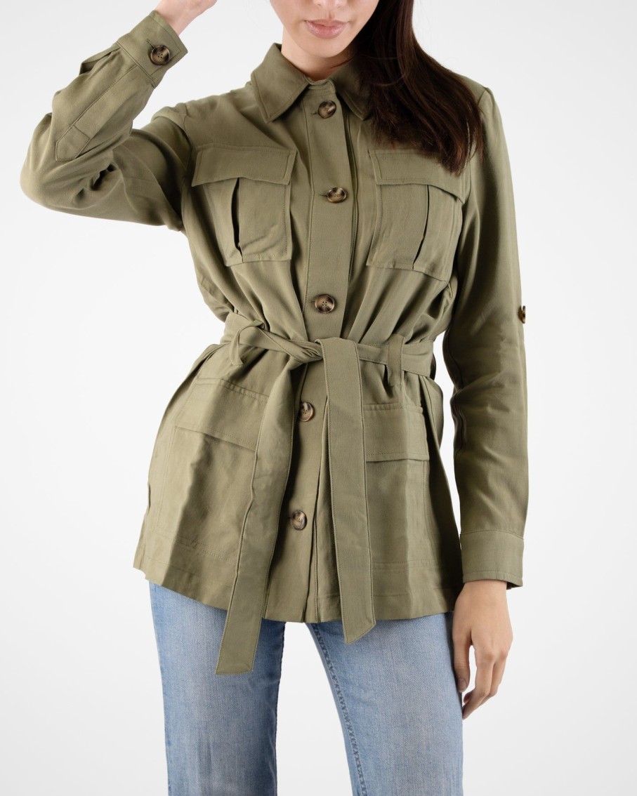 Women Marina V Coats & Jackets | Olive Safari Jacket With Front Pockets And Belt