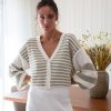 Women 25 UNION Jumpers & Cardigans | Ivory And Olive Striped V-Neck Button Front Cardigan