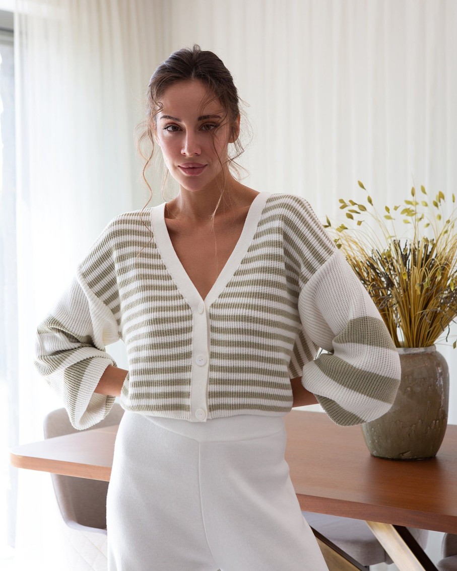 Women 25 UNION Jumpers & Cardigans | Ivory And Olive Striped V-Neck Button Front Cardigan