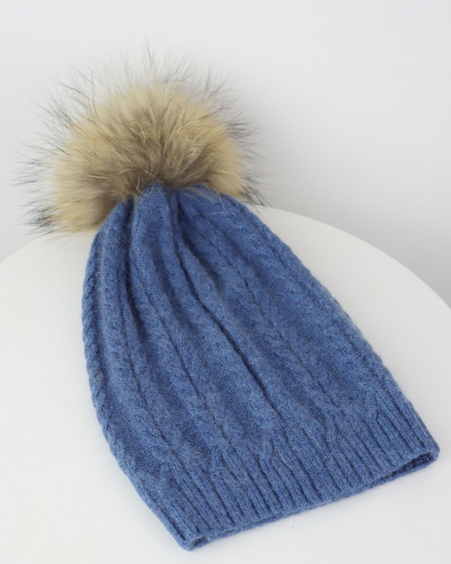 Women 227 Hats, Gloves & Scarves | Light Blue Plaited Knit Pom Pom Hat