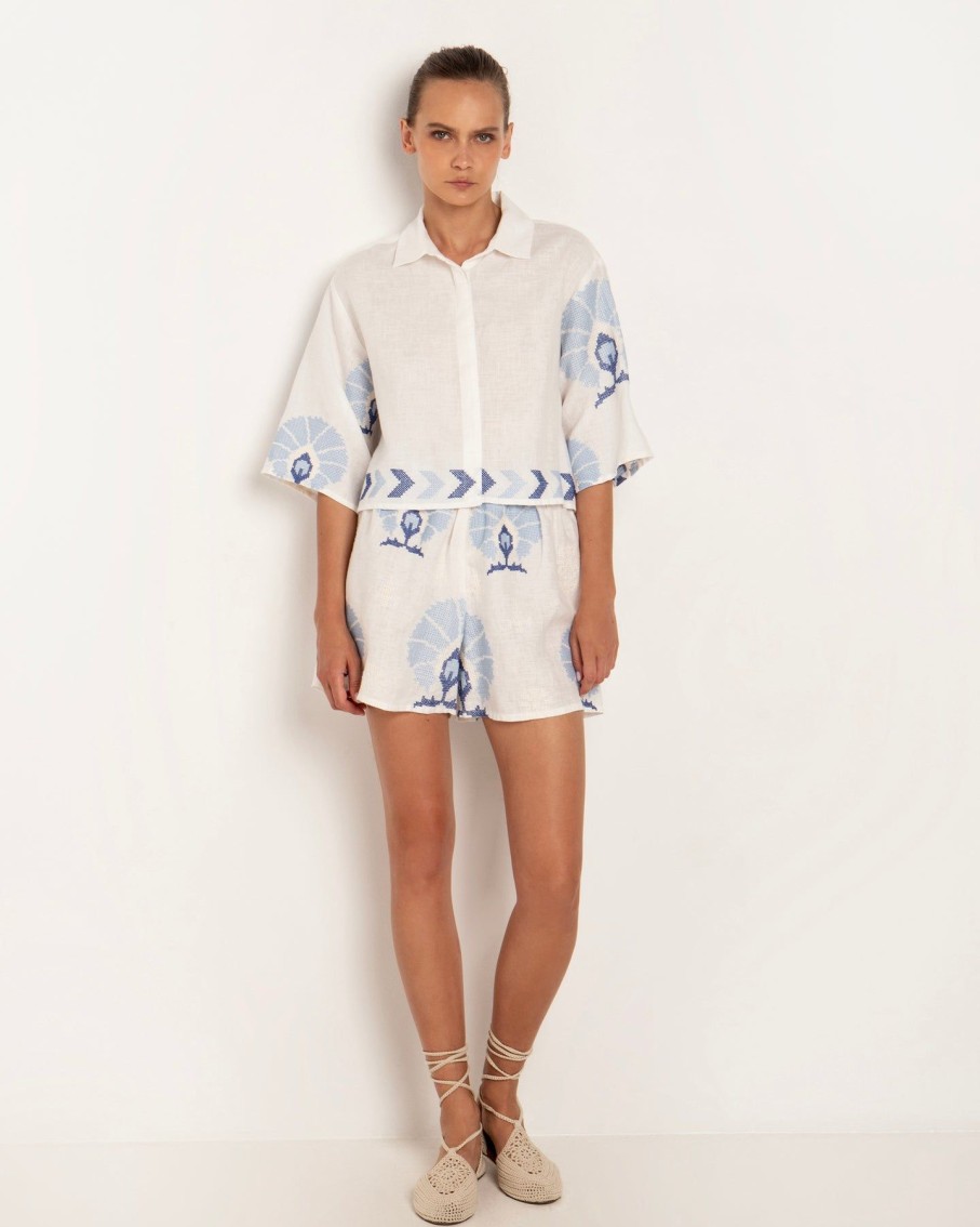 Women Greek Archaic Kori Shirts & Blouses | Mini Peacocks White And Blue Crop Shirt