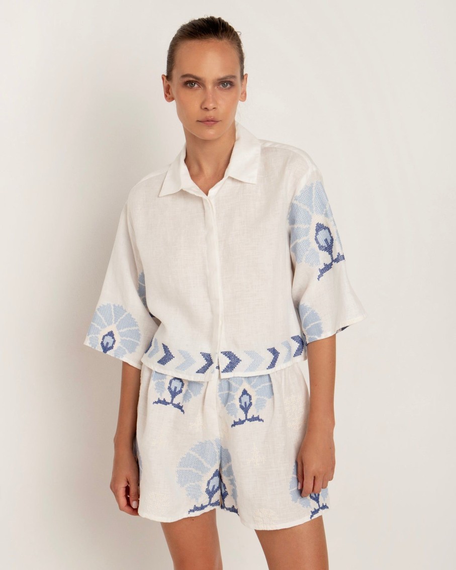 Women Greek Archaic Kori Shirts & Blouses | Mini Peacocks White And Blue Crop Shirt