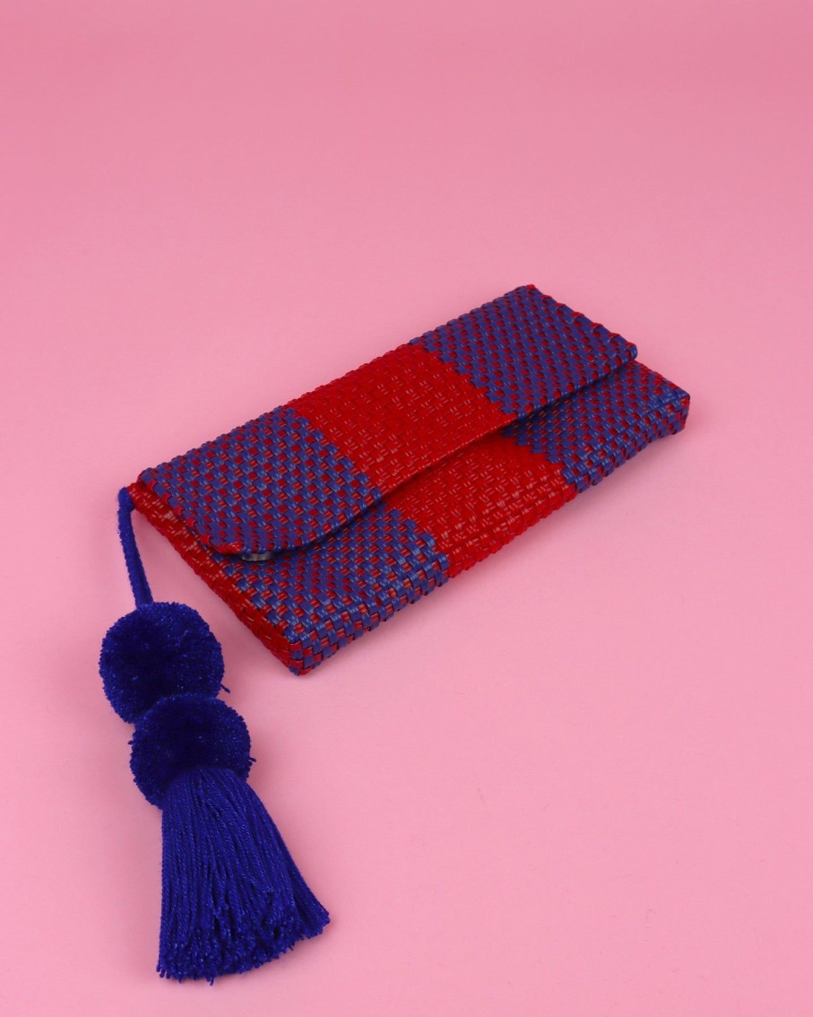 Women BLAIZ Mexico Clutches | Red & Blue Pom Pom Clutch