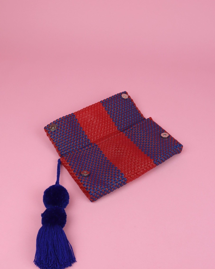 Women BLAIZ Mexico Clutches | Red & Blue Pom Pom Clutch