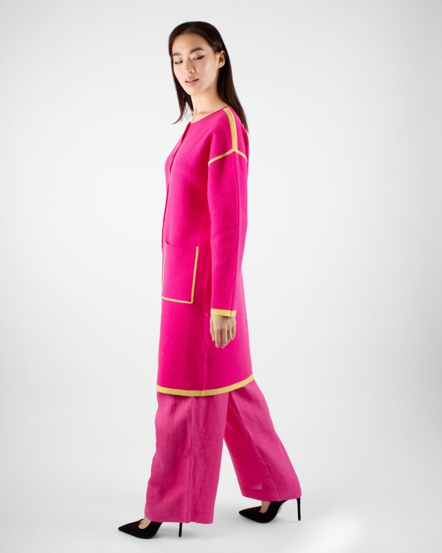 Women Marina V Coats & Jackets | Fuchsia Round Neck Long Jacket With Pockets