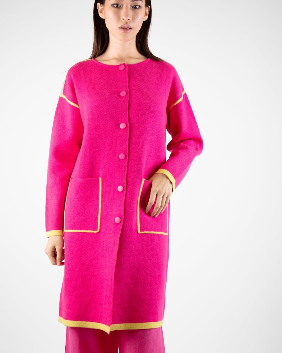 Women Marina V Coats & Jackets | Fuchsia Round Neck Long Jacket With Pockets