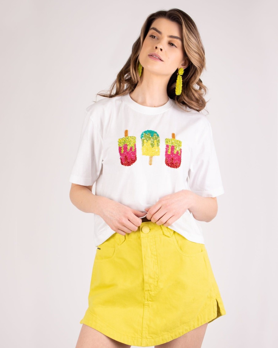 Women Arara for BLAIZ Tops & T-Shirts | Shimmering Ice-Cream Embellished Cropped White T-Shirt