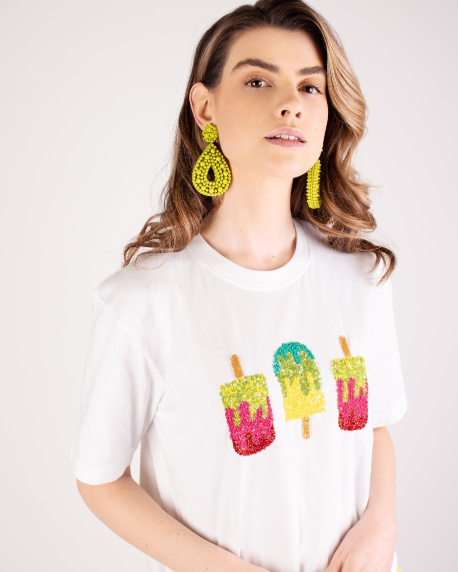 Women Arara for BLAIZ Tops & T-Shirts | Shimmering Ice-Cream Embellished Cropped White T-Shirt