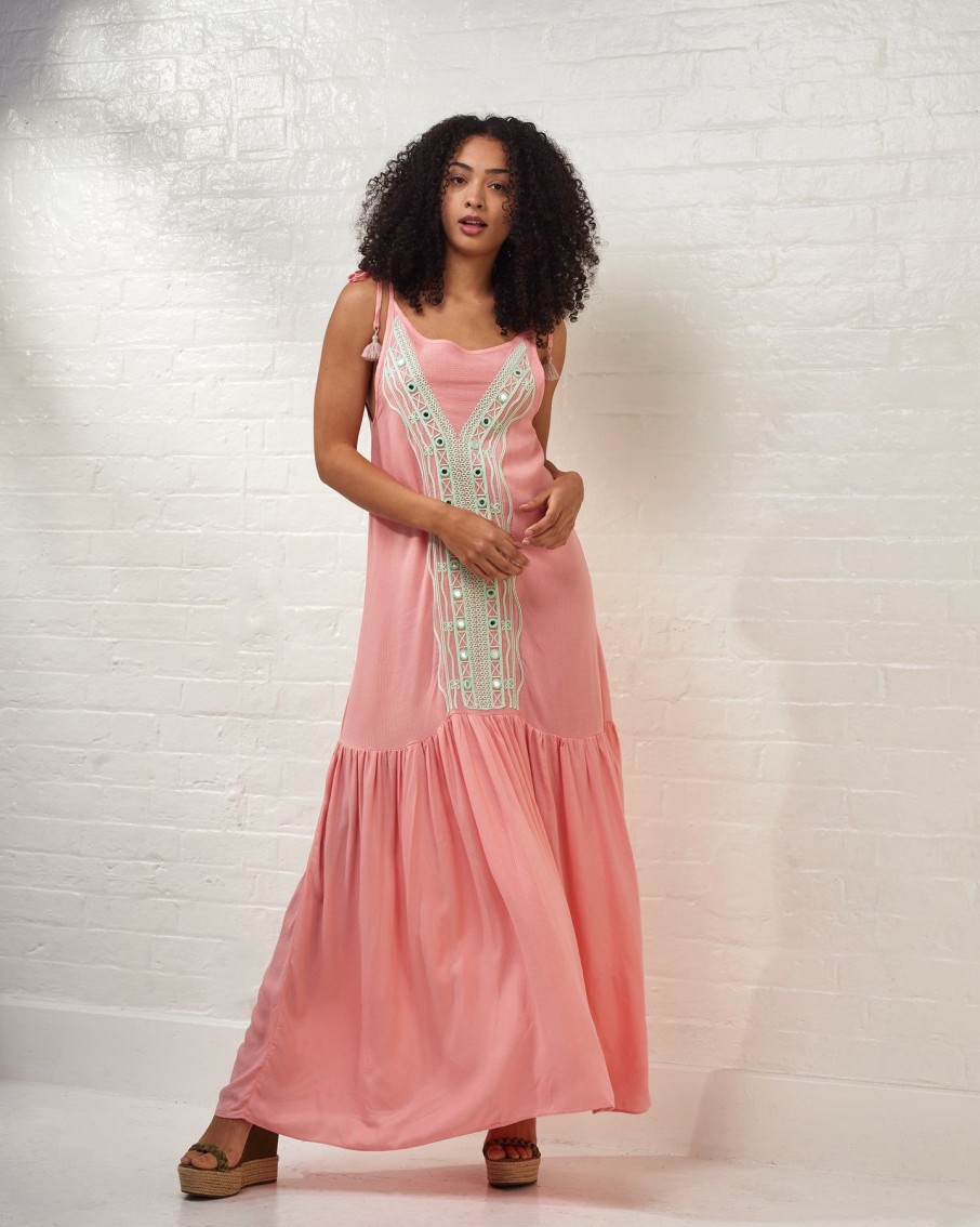 Women Batiche Dresses | Pink Embroidered Maxi Dress