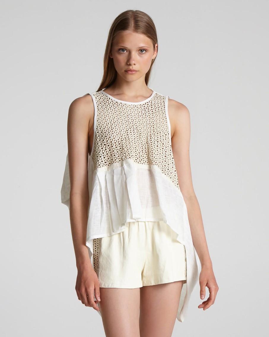 Women Maurizio Mykonos Tops & T-Shirts | Off-White Leather Detail Open Back Linen Top