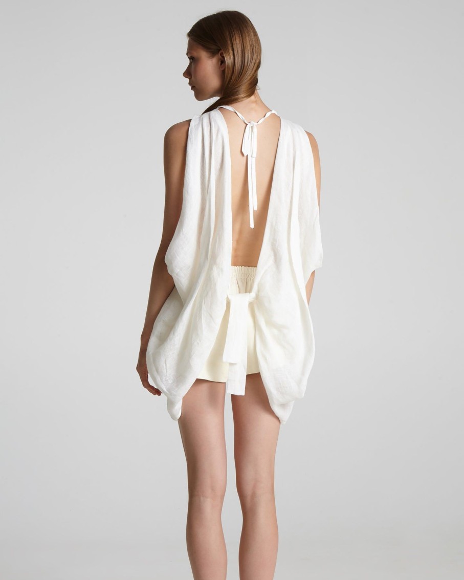 Women Maurizio Mykonos Tops & T-Shirts | Off-White Leather Detail Open Back Linen Top