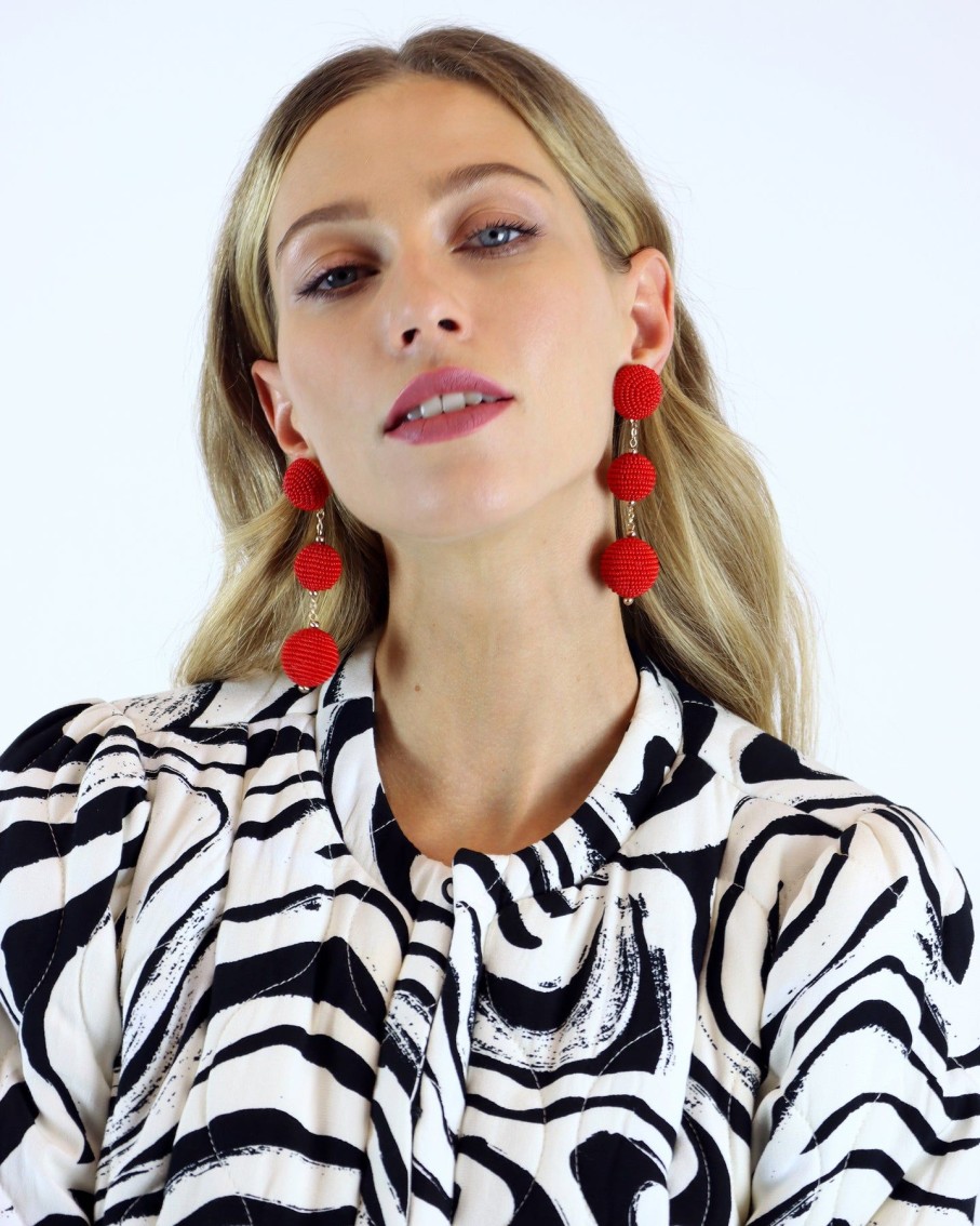 Women BLAIZ Earrings | Red Triple Bobble Earrings