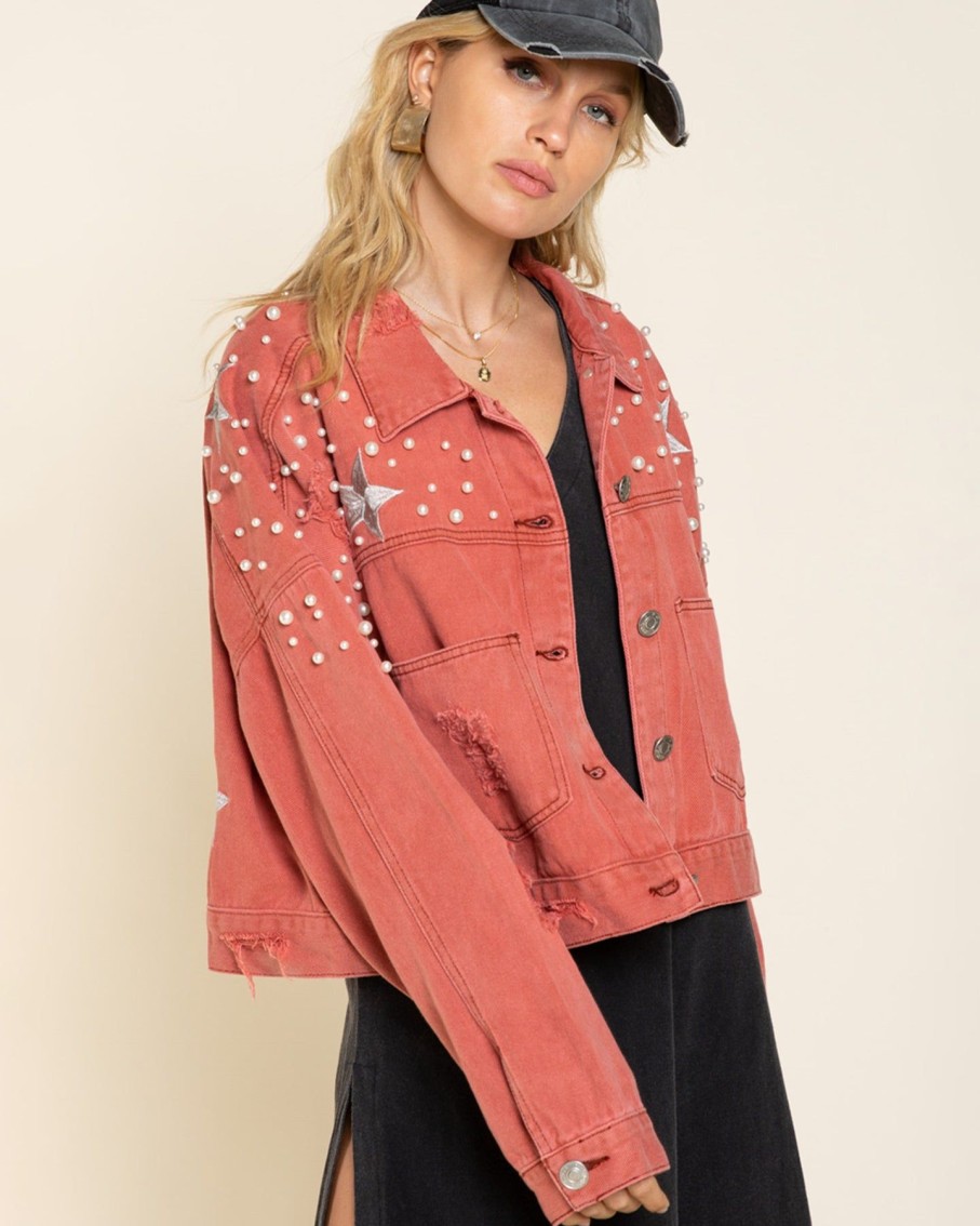 Women POL Coats & Jackets | Brick Red Embellished Denim Jacket