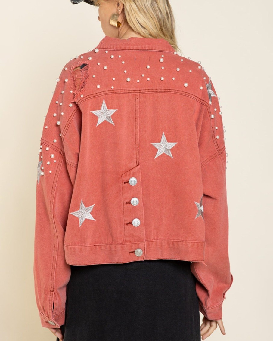 Women POL Coats & Jackets | Brick Red Embellished Denim Jacket